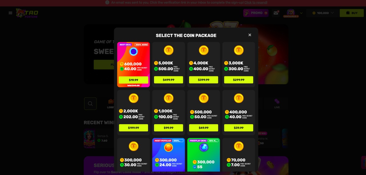 A selection of coin packages available for purchase at TaoFortune.